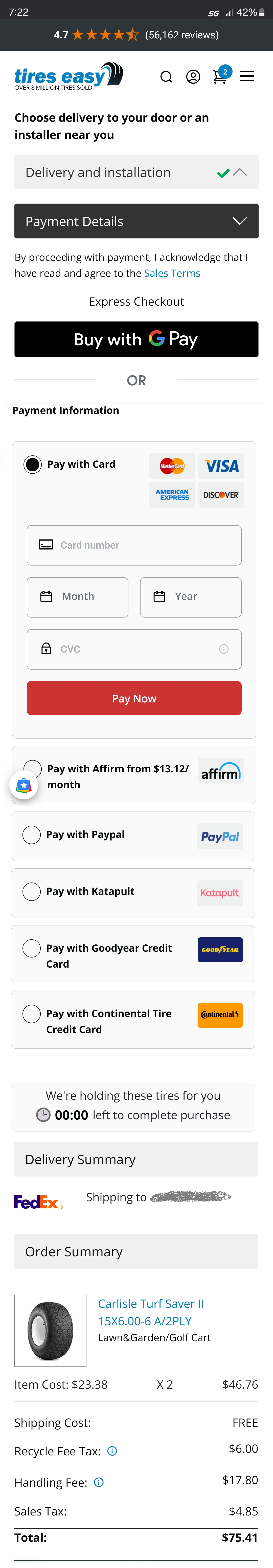 Tires-Easy.com mobile checkout screenshot showing hidden total that requires scrolling after entering credit card
