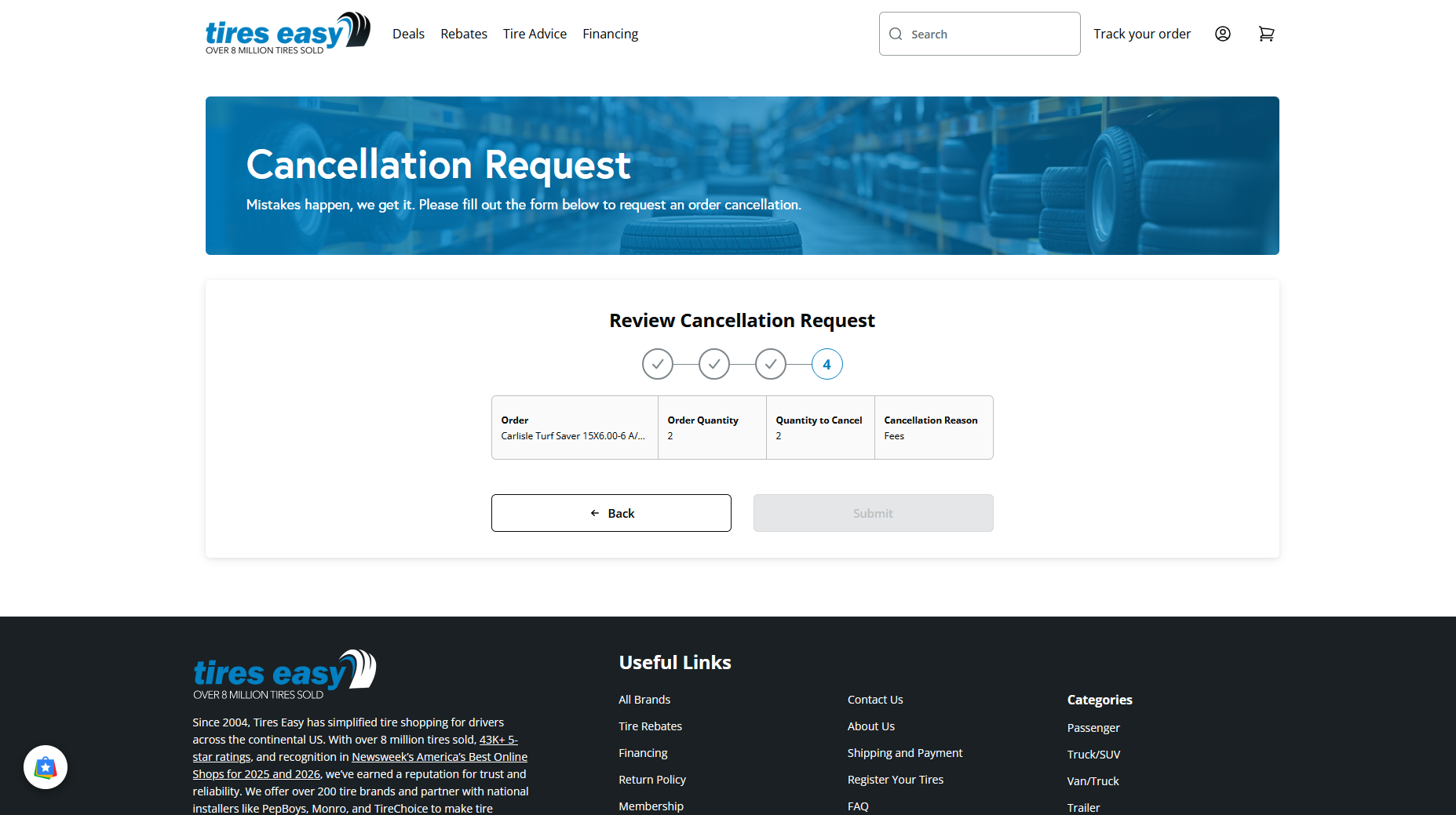 Tires-Easy.com broken cancellation request page step 4 - submit button not working